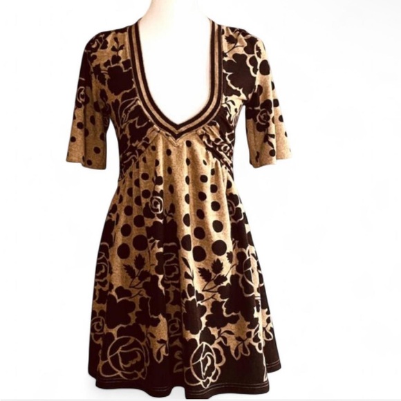 Vintage Forever 21 Y2K Neutral Tan & Black Mixed Media Knit Babydoll Mini Dress - Picture 3 of 9